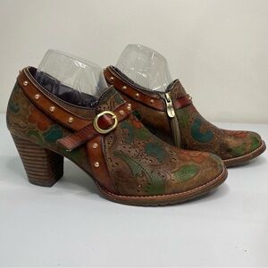 Spring Step L’Artiste Floral Leather Tooled Bootie Shoe Wood Heel EU 40 US 9